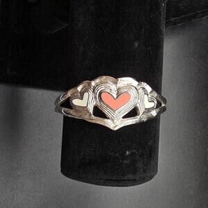 DS Silver Tone Cuff Bracelet Pink Enamel Heart Costume Jewelry